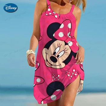 S-5xl Disney Minnie Mickey Mouse Print på Remmen Strand Kjole For Kvinder 2023 Nye Big Swing Off Skulder Løs Sundress Sommer