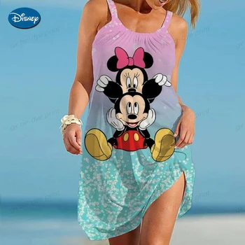 S-5xl Disney Minnie Mickey Mouse Print på Remmen Strand Kjole For Kvinder 2023 Nye Big Swing Off Skulder Løs Sundress Sommer