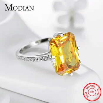 Modian Hot 100% 925 Sterling Sølv Gul Blændende CZ Ring For Kvinder Engagement Luksus Jubilæum Finger Smykker Bague Anel