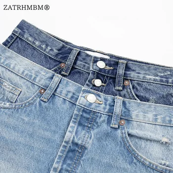 ZATRHMBM Kvinder 2023 Sommer Mode Patchwork Denim Mini Nederdel Vintage-Knap Op-Side Lommer, Høj Talje Kvindelige Nederdele Mujer